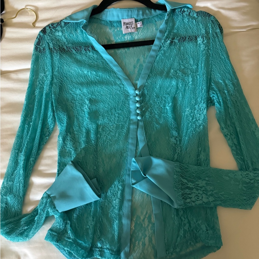Princess Polly Teal Lace Button-Front Blouse